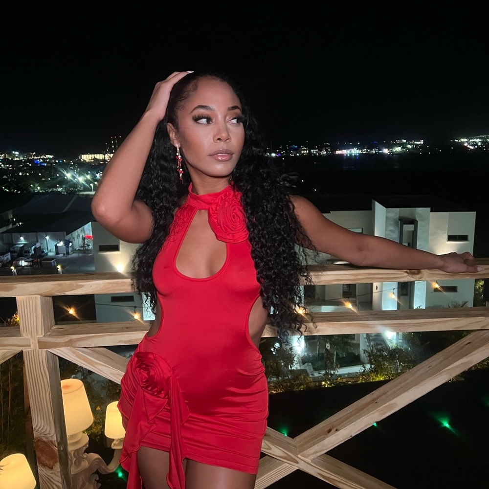 HIGH NECK KEYHOLE ROSE FRILL DETAIL MINI BODYCON DRESS IN RED